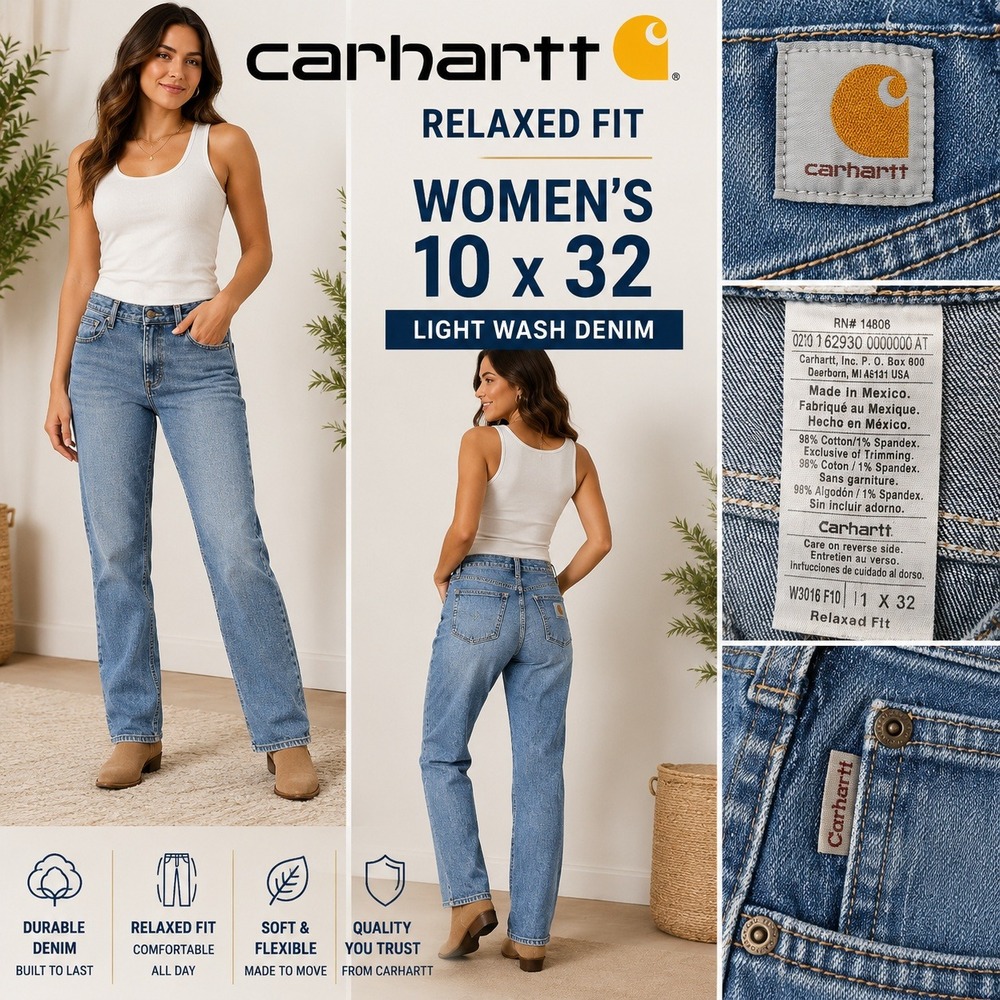 Carhartt Womens Relaxed Fit Straight Leg Jeans Light Wash WB016 F10 10x32 Denim